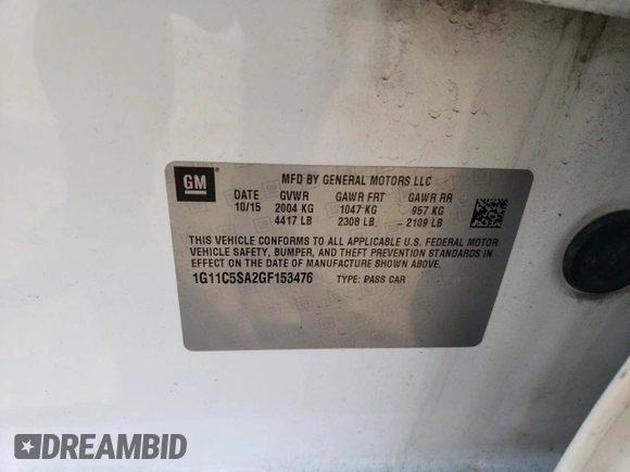 2016 Chevrolet Malibu LT with VIN 1G11C5SA2GF153476, listed as a Copart auction lot 53892335 with 181,044 mi miles and Salvage Title. Bid and sale history available at DreamBid. Image 12.
