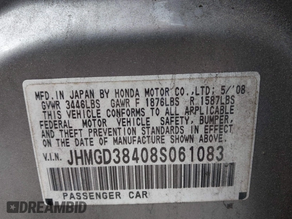 2008 Honda Fit with VIN JHMGD38408S061083, listed as a IAAI auction lot 41923445 with 67,720 mi miles. Bid and sale history available at carsss.com. Image 9.