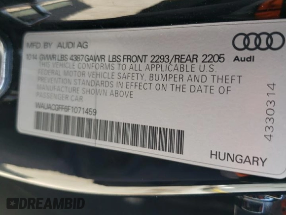 2015 Audi A3 1.8T Premium with VIN WAUACGFF6F1071459, listed as a Copart auction lot 52730613 with 115,255 mi miles. Bid and sale history available at carsss.com. Image 13.