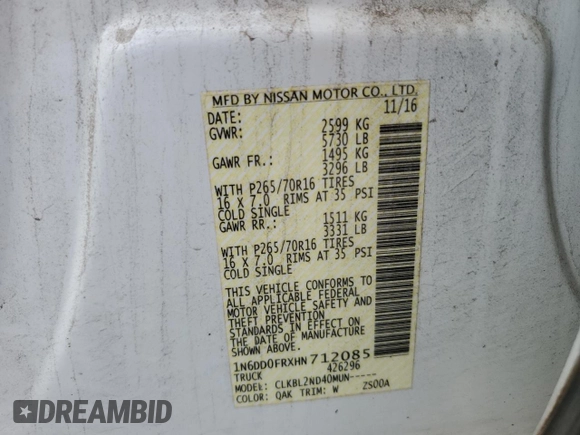 2017 Nissan Frontier SV with VIN 1N6DD0FRXHN712085, listed as a Copart auction lot 57154135 with 110,769 mi miles and Salvage title. Bid and sale history available at DreamBid. Image 12.