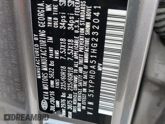 2017 Kia Sorento EX with VIN 5XYPHDA51HG232041, listed as a Copart auction lot 53350245 with 165,724 mi miles and Clean title. Bid and sale history available at DreamBid. Image 12.
