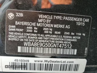 2016 BMW 3 Series 328i with VIN WBA8E9G50GNT47512, listed as a Copart auction lot 49280005 with 120,192 mi miles and Salvage Title. Bid and sale history available at carsss.com. Image 12.