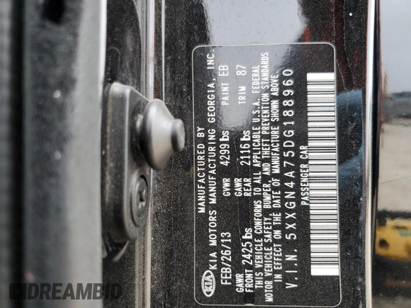 2013 Kia Optima EX with VIN 5XXGN4A75DG188960, listed as a Copart auction lot 50621435 with 259,883 mi miles and Salvage Title. Bid and sale history available at carsss.com. Image 15.