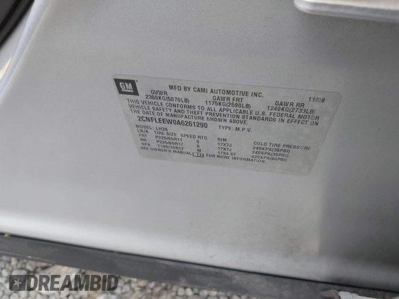 2010 Chevrolet Equinox 1LT with VIN 2CNFLEEW0A6261290, listed as a IAAI auction lot 41936884 with 152,251 mi miles and . Bid and sale history available at DreamBid. Image 9.