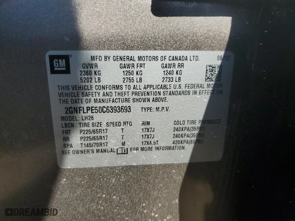 2012 Chevrolet Equinox LT w/2LT with VIN 2GNFLPE50C6393693, listed as a Copart auction lot 73584954 with 102,259 mi miles and Salvage Title. Bid and sale history available at carsss.com. Image 12.