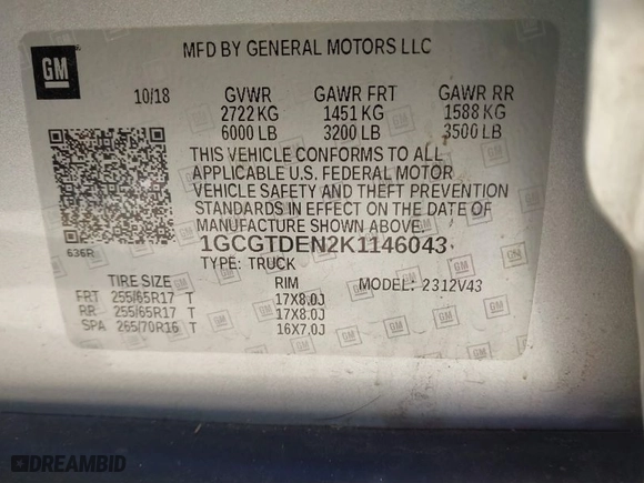 2019 Chevrolet Colorado 4WD Z71 with VIN 1GCGTDEN2K1146043, listed as a IAAI auction lot 41712002 with 84,034 mi miles. Bid and sale history available at carsss.com. Image 9.