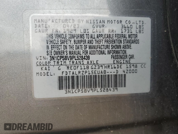 2023 Nissan Kicks S z VIN 3N1CP5BV9PL528439, wystawiony jako Copart lot #57608865 z przebiegiem 47 696 mil mil oraz Szkoda całkowita • Salvage title. Historia ofert i sprzedaży dostępna na DreamBid. Obrazek 13.
