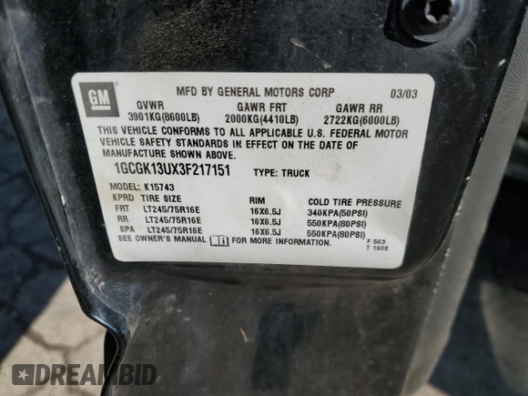 2003 Chevrolet Silverado 1500HD LS with VIN 1GCGK13UX3F217151, listed as a Copart auction lot 46650785 with Not Provided miles and Clean Title. Bid and sale history available at DreamBid. Image 13.