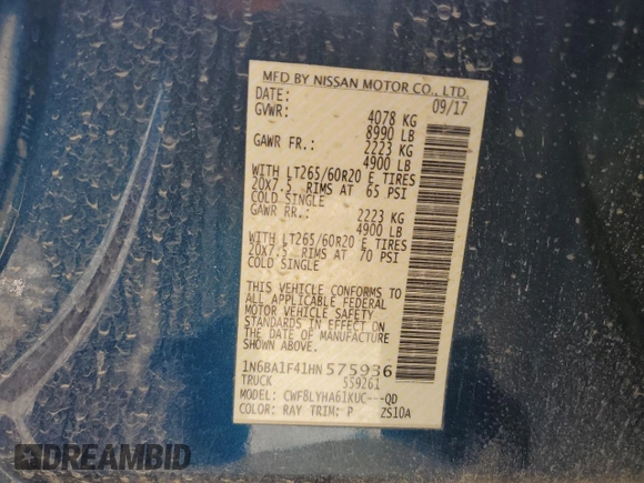 2017 Nissan Titan XD PRO-4X with VIN 1N6BA1F41HN575936, listed as a Copart auction lot 49919955 with 115,416 mi miles and Salvage Title. Bid and sale history available at carsss.com. Image 13.