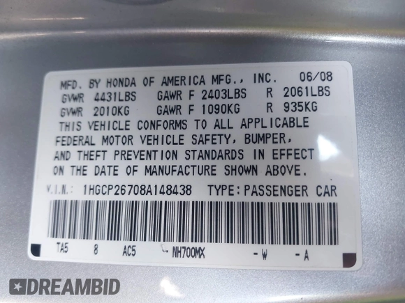 2008 Honda Accord EX with VIN 1HGCP26708A148438, listed as a IAAI auction lot 41987478 with 142,529 mi miles and . Bid and sale history available at DreamBid. Image 9.