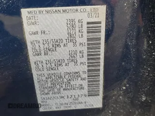 2021 Nissan Murano SL with VIN 5N1AZ2CS3MC121379, listed as a Copart auction lot 44755355 with 34,599 mi miles and Salvage Title. Bid and sale history available at DreamBid. Image 12.
