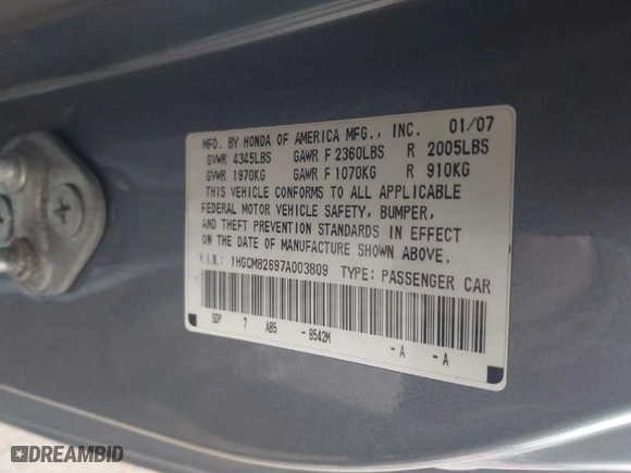 2007 Honda Accord Cpe EX-L with VIN 1HGCM82697A003809, listed as a IAAI auction lot 41552940 with 219,743 mi miles. Bid and sale history available at carsss.com. Image 9.