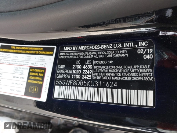 2019 Mercedes-Benz C 300 with VIN 55SWF8DB5KU311624, listed as a IAAI auction lot 41913152 with 75,656 mi miles and . Bid and sale history available at DreamBid. Image 9.