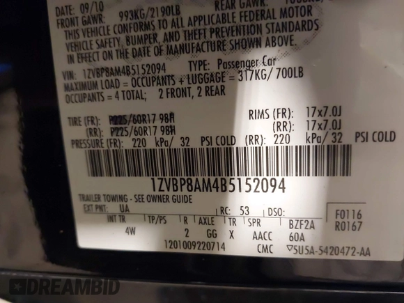 2011 Ford Mustang V6 with VIN 1ZVBP8AM4B5152094, listed as a IAAI auction lot 41763973 with 100,744 mi miles and . Bid and sale history available at carsss.com. Image 9.