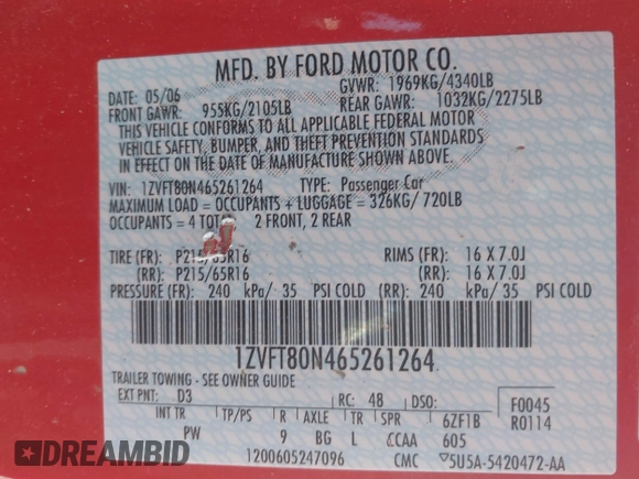 2006 Ford Mustang Standard with VIN 1ZVFT80N465261264, listed as a IAAI auction lot 41629083 with 85,945 mi miles. Bid and sale history available at carsss.com. Image 9.