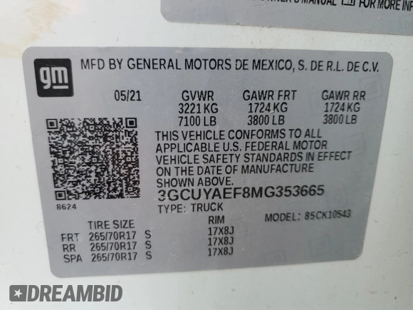 2021 Chevrolet Silverado 1500 Work Truck with VIN 3GCUYAEF8MG353665, listed as a Copart auction lot 45312625 with 17,752 mi miles and Non Repairable. Bid and sale history available at DreamBid. Image 12.