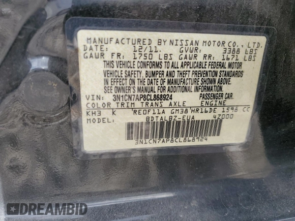 2012 Nissan Versa S with VIN 3N1CN7AP8CL868924, listed as a Copart auction lot 47470015 with 168,465 mi miles and Salvage Title. Bid and sale history available at carsss.com. Image 12.