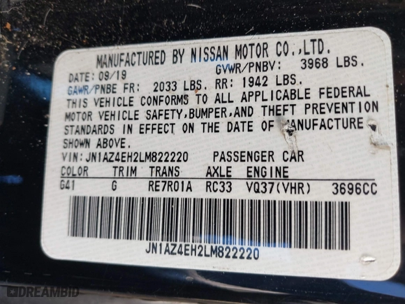 2020 Nissan 370Z Coupe with VIN JN1AZ4EH2LM822220, listed as a IAAI auction lot 41500687 with 36,261 mi miles. Bid and sale history available at carsss.com. Image 9.