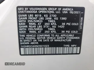 2022 Volkswagen Atlas SE with VIN 1V2HR2CAXNC501023, listed as a Copart auction lot 54332075 with 40,966 mi miles and Salvage title. Bid and sale history available at DreamBid. Image 13.