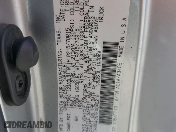 2014 Toyota Tacoma with VIN 5TFNX4CN7EX040218, listed as a Copart auction lot 53352915 with 141,957 mi miles and Salvage Title. Bid and sale history available at DreamBid. Image 15.