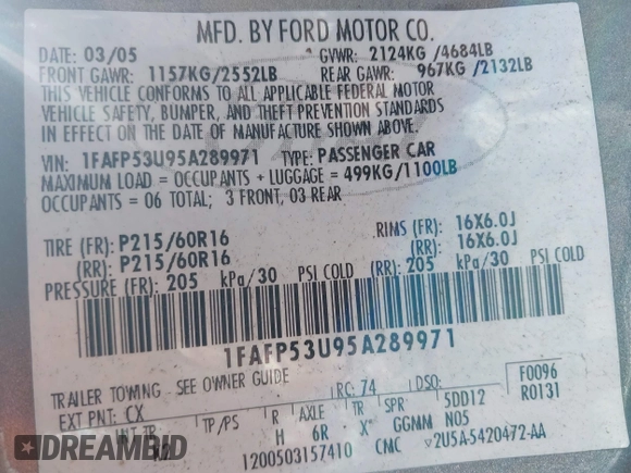 2005 Ford Taurus SE with VIN 1FAFP53U95A289971, listed as a IAAI auction lot 42143134 with 167,702 mi miles. Bid and sale history available at carsss.com. Image 9.