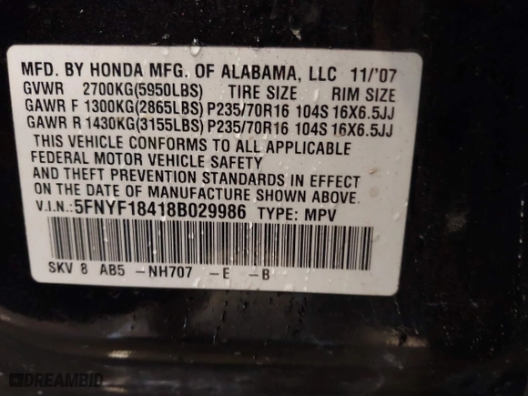 2008 Honda Pilot EX with VIN 5FNYF18418B029986, listed as a IAAI auction lot 41474195 with 230,524 mi miles. Bid and sale history available at carsss.com. Image 9.