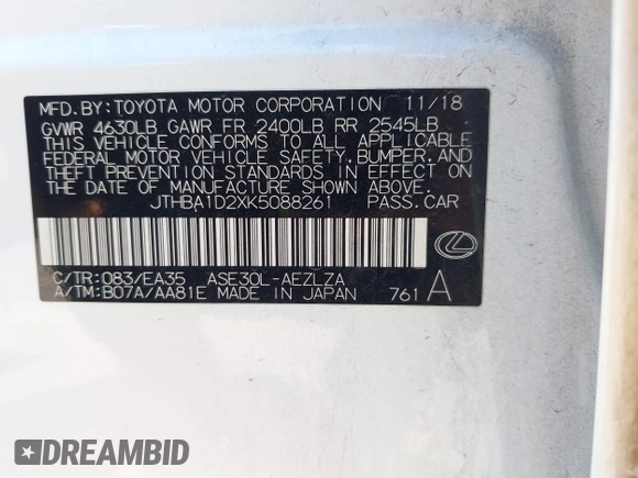 2019 Lexus IS 300 with VIN JTHBA1D2XK5088261, listed as a IAAI auction lot 42379854 with 84,187 mi miles and . Bid and sale history available at DreamBid. Image 9.