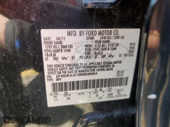 2011 Ford Edge SEL with VIN 2FMDK3JC1BBB26693, listed as a Copart auction lot 52870505 with 124,212 mi miles and Clean Title. Bid and sale history available at DreamBid. Image 14.