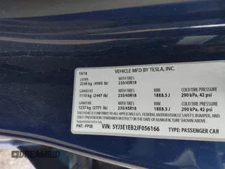 2018 Tesla Model 3 Long Range Battery with VIN 5YJ3E1EB2JF056166, listed as a IAAI auction lot 41847972 with 126,126 mi miles and . Bid and sale history available at DreamBid. Image 9.