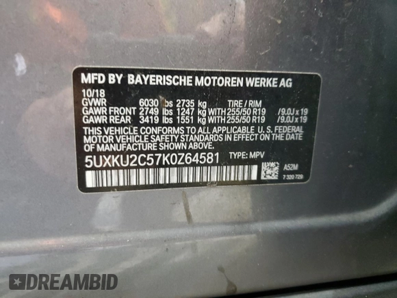 2019 BMW X6 xDrive35i with VIN 5UXKU2C57K0Z64581, listed as a Copart auction lot 47594625 with 64,697 mi miles and Clean Title. Bid and sale history available at carsss.com. Image 13.