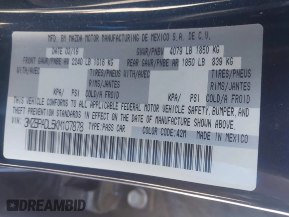 2019 Mazda 3 Preferred with VIN 3MZBPADL5KM107878, listed as a IAAI auction lot 42101982 with 26,495 mi miles and . Bid and sale history available at DreamBid. Image 9.