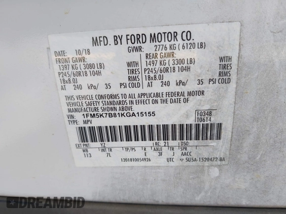 2019 Ford Explorer with VIN 1FM5K7B81KGA15155, listed as a IAAI auction lot 42010776 with 91,299 mi miles and . Bid and sale history available at DreamBid. Image 9.