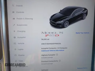 2014 Tesla Model S P85D with VIN 5YJSA1H22EFP65530, listed as a IAAI auction lot 41959941 with 76,532 mi miles and . Bid and sale history available at DreamBid. Image 7.
