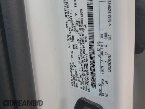 2022 Ford F-150 XL with VIN 1FTFW1E59NKE75449, listed as a Copart auction lot 85910204 with Not Provided miles and Salvage Title. Bid and sale history available at carsss.com. Image 15.