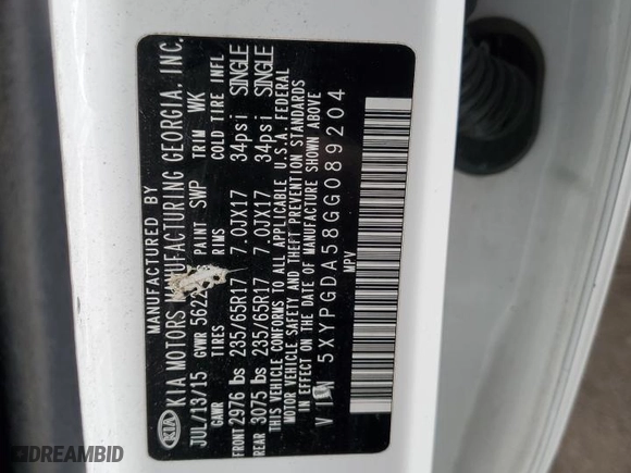 2016 Kia Sorento LX with VIN 5XYPGDA58GG089204, listed as a Copart auction lot 48419165 with 157,850 mi miles and Non Repairable. Bid and sale history available at carsss.com. Image 13.