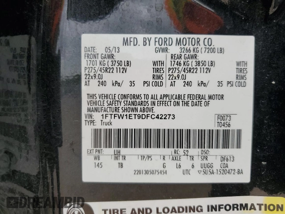 2013 Ford F-150 XL with VIN 1FTFW1ET9DFC42273, listed as a Copart auction lot 51584985 with 172,854 mi miles and Salvage Title. Bid and sale history available at carsss.com. Image 12.