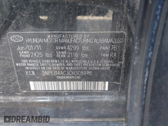 2012 Hyundai Sonata GLS with VIN 5NPEB4AC3CH308948, listed as a IAAI auction lot 42130187 with 147,114 mi miles and . Bid and sale history available at DreamBid. Image 9.