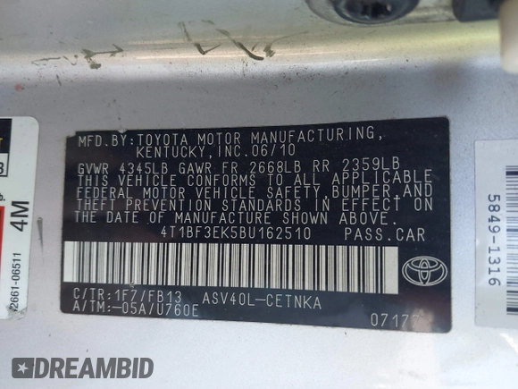 2011 Toyota Camry LE with VIN 4T1BF3EK5BU162510, listed as a IAAI auction lot 41763939 with 193,559 mi miles and . Bid and sale history available at DreamBid. Image 9.