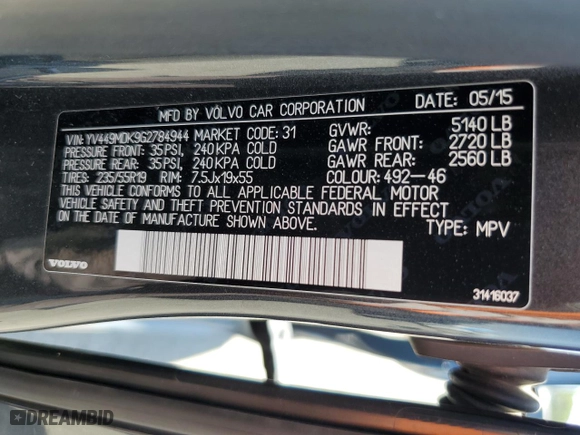 2016 Volvo XC60 T6 Drive-E with VIN YV449MDK9G2784944, listed as a Copart auction lot 57964524 with 76,139 mi miles and Salvage Title. Bid and sale history available at carsss.com. Image 12.