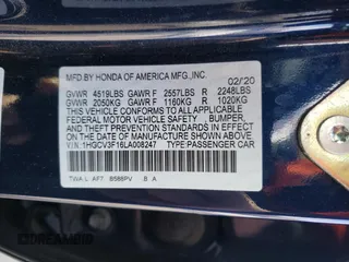 2020 Honda Accord with VIN 1HGCV3F16LA008247, listed as a Copart auction lot 89252795 with 105,021 mi miles and Salvage Title. Bid and sale history available at DreamBid. Image 12.