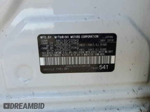 2018 Mitsubishi Outlander ES with VIN JA4AZ3A33JZ064156, listed as a Copart auction lot 55072645 with Not provided miles and Non repairable. Bid and sale history available at DreamBid. Image 12.