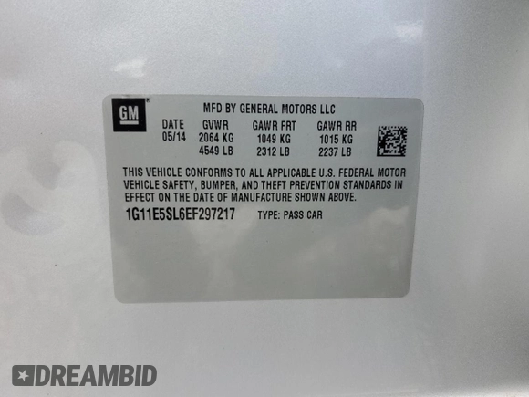 2014 Chevrolet Malibu LT with VIN 1G11E5SL6EF297217, listed as a Copart auction lot 55396185 with 144,671 mi miles and Salvage Title. Bid and sale history available at DreamBid. Image 13.