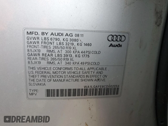 2012 Audi Q7 Premium Plus with VIN WA1LGAFE8CD002054, listed as a Copart auction lot 61968375 with Not provided miles and Salvage title. Bid and sale history available at DreamBid. Image 13.