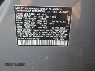 2020 Volkswagen Atlas SE with VIN 1V21E2CA2LC217394, listed as a Copart auction lot 62007135 with 150,599 mi miles and Salvage title. Bid and sale history available at DreamBid. Image 13.