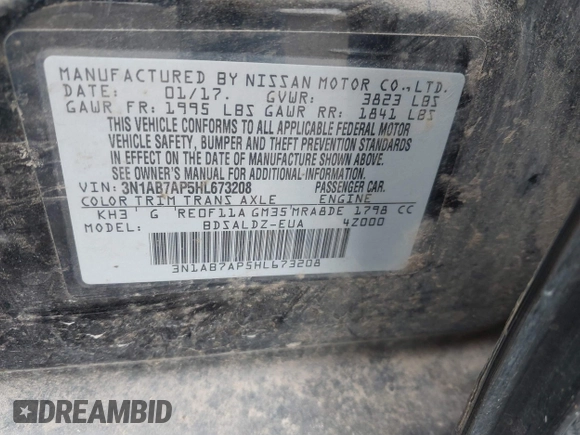 2017 Nissan Sentra SV with VIN 3N1AB7AP5HL673208, listed as a IAAI auction lot 41980447 with 121,969 mi miles and . Bid and sale history available at DreamBid. Image 9.