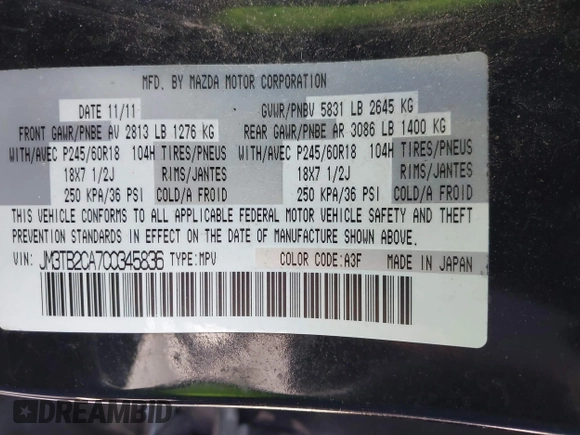 2012 Mazda CX-9 Touring with VIN JM3TB2CA7C0345836, listed as a IAAI auction lot 41722489 with Not Provided miles and . Bid and sale history available at carsss.com. Image 9.