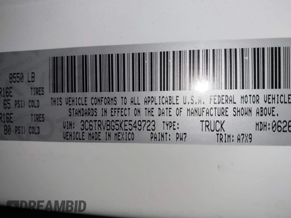 2019 Ram ProMaster Cargo with VIN 3C6TRVBG5KE549723, listed as a IAAI auction lot 41034244 with Not Provided miles and . Bid and sale history available at carsss.com. Image 9.