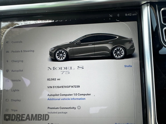 2016 Tesla Model S 70 with VIN 5YJSA1E1XGF147239, listed as a Copart auction lot 56529075 with 82,562 mi miles and Salvage title. Bid and sale history available at DreamBid. Image 9.