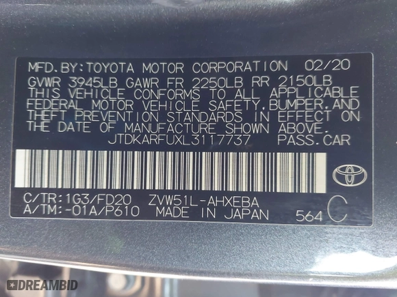 2020 Toyota Prius L Eco with VIN JTDKARFUXL3117737, listed as a IAAI auction lot 41988550 with 64,865 mi miles. Bid and sale history available at carsss.com. Image 9.