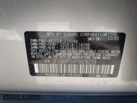 2023 Subaru WRX Premium с VIN JF1VBAF64P9824239, выставлен на аукционе IAAI как лот 41703298 с пробегом 15 525 миль миль и . История ставок и продаж доступна на DreamBid. Изображение 9.